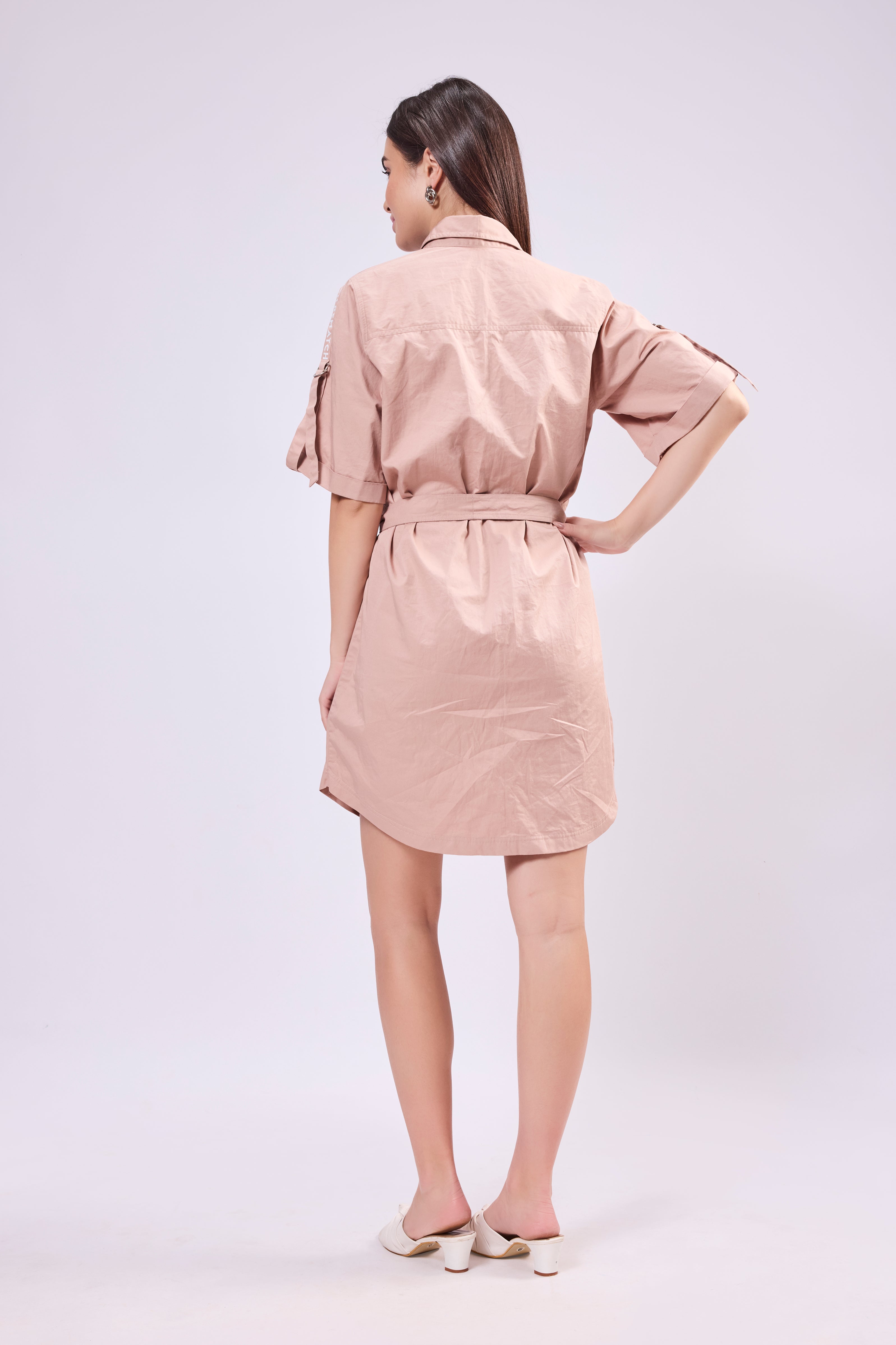 Rollup Sleeve Shirt Dress With Belt