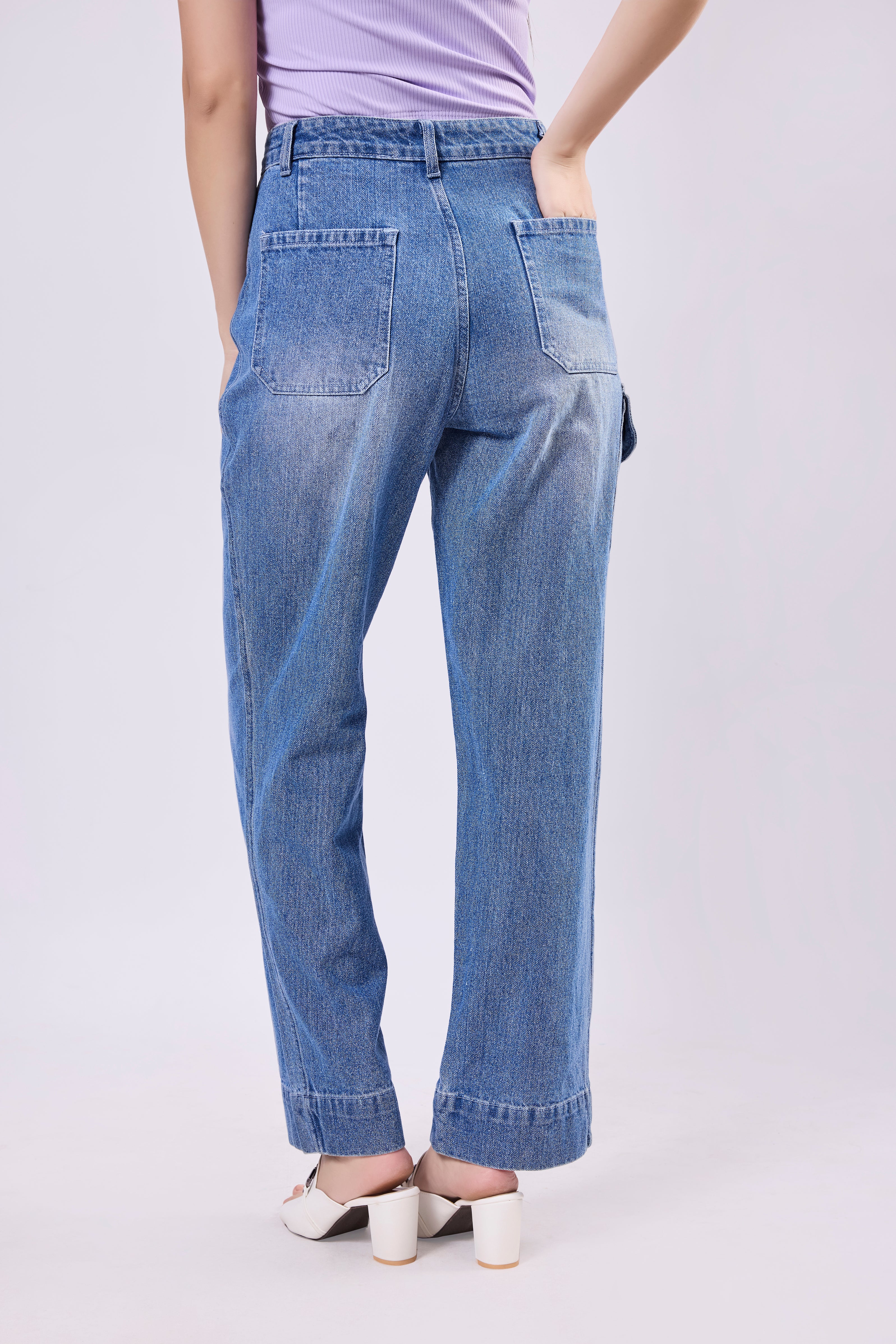 High Waisted Cargo Pocket Denim Jeans