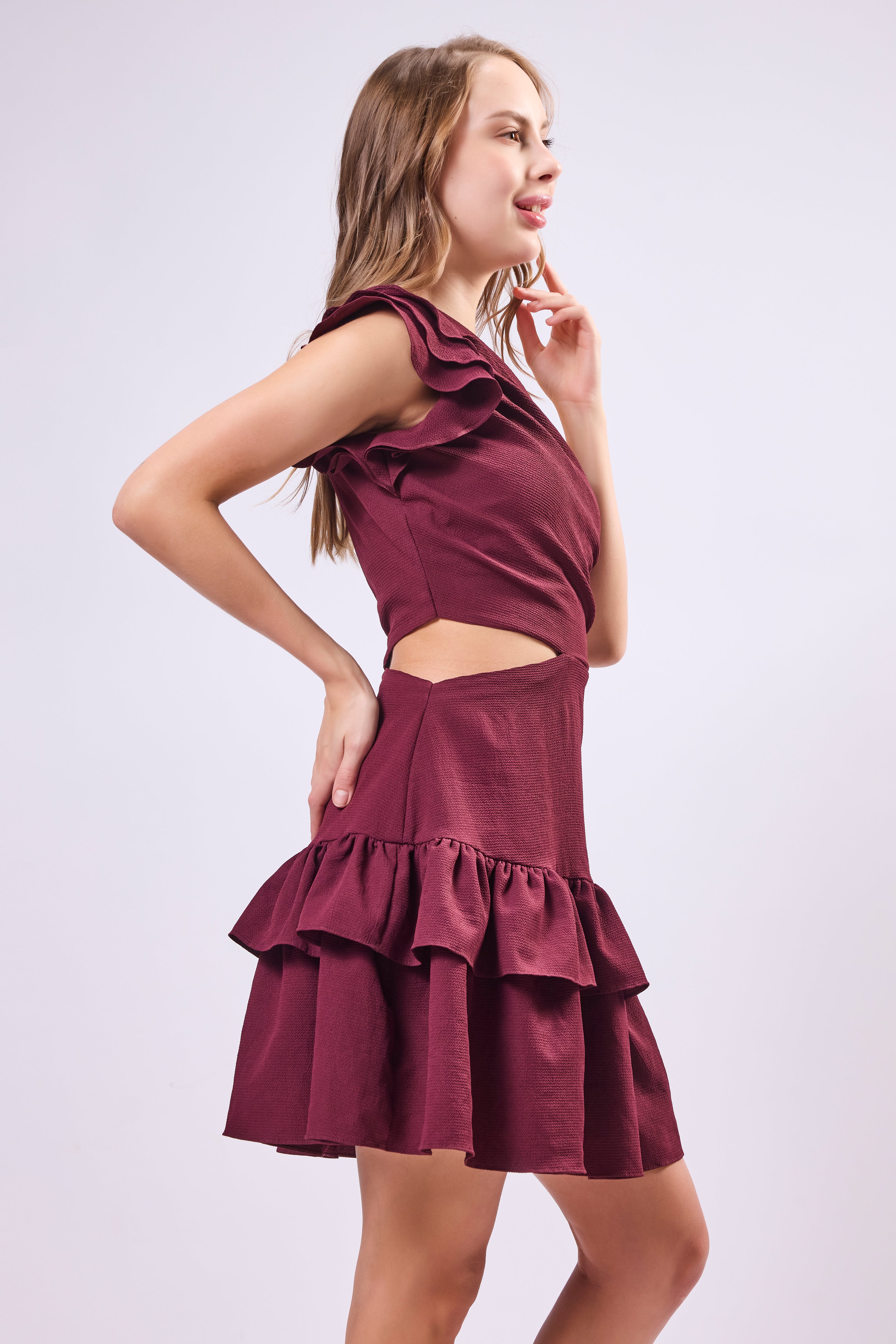 One Shoulder Cut Out Ruffle Dress