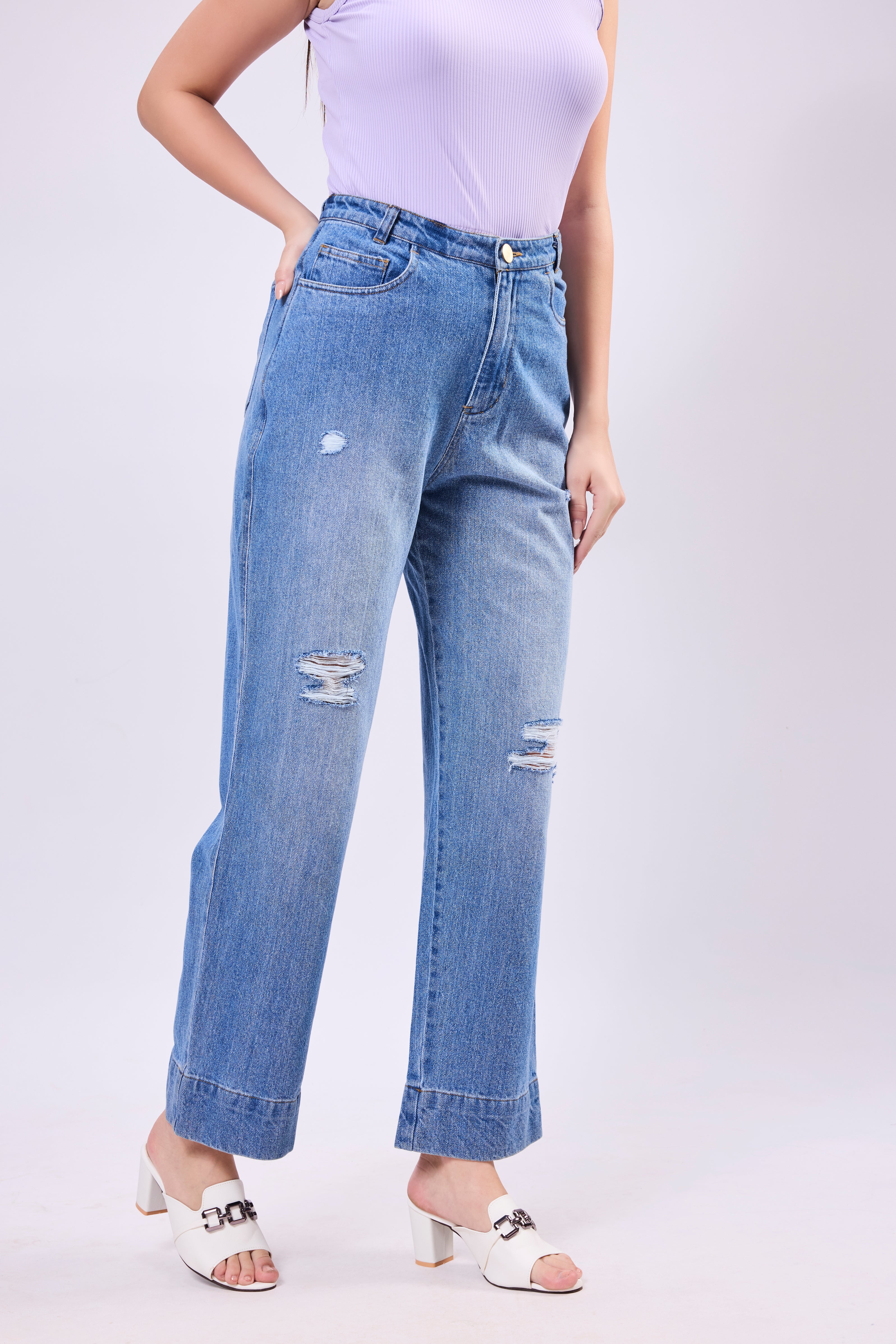 High Waisted Distress Denim Jeans