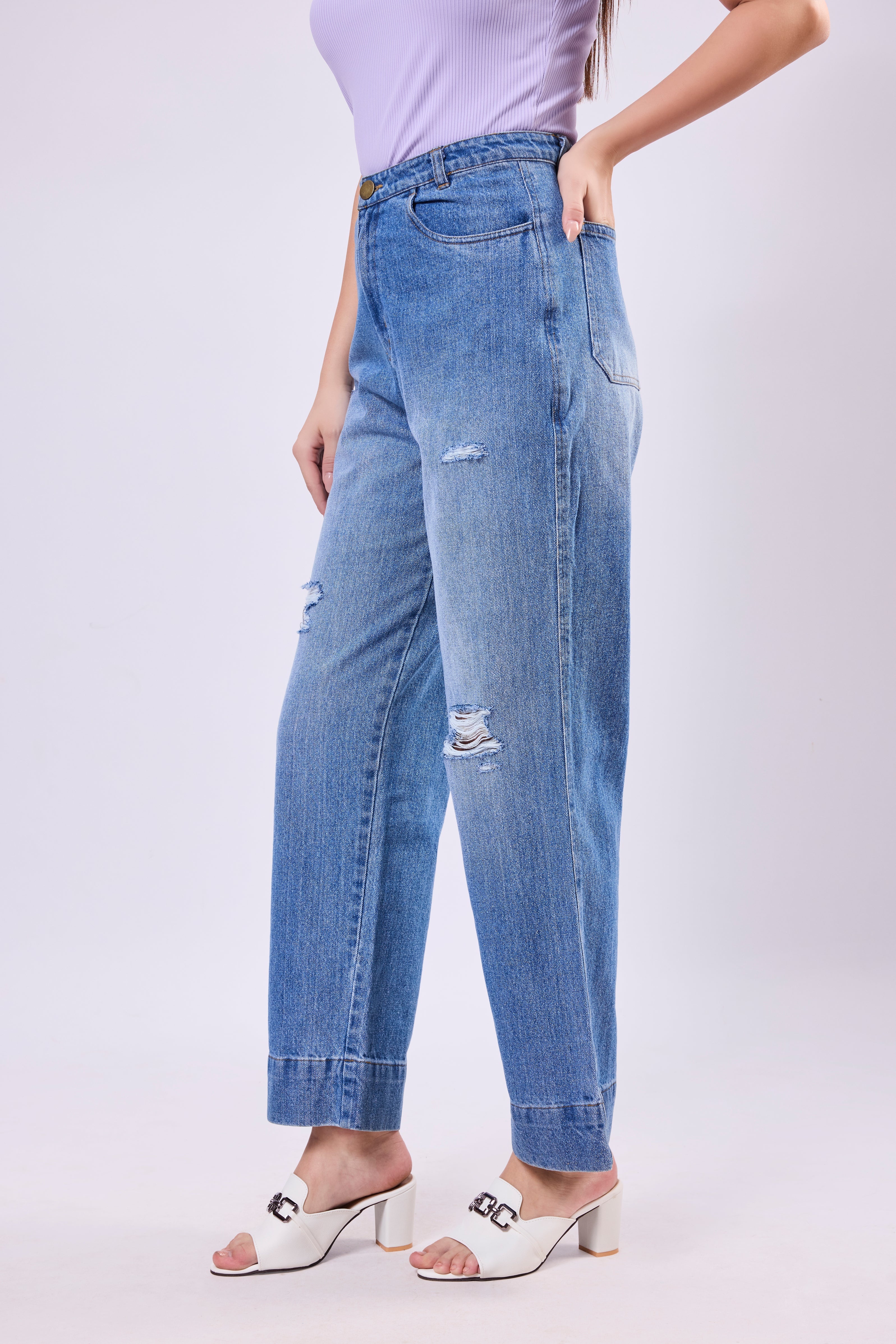 High Waisted Distress Denim Jeans