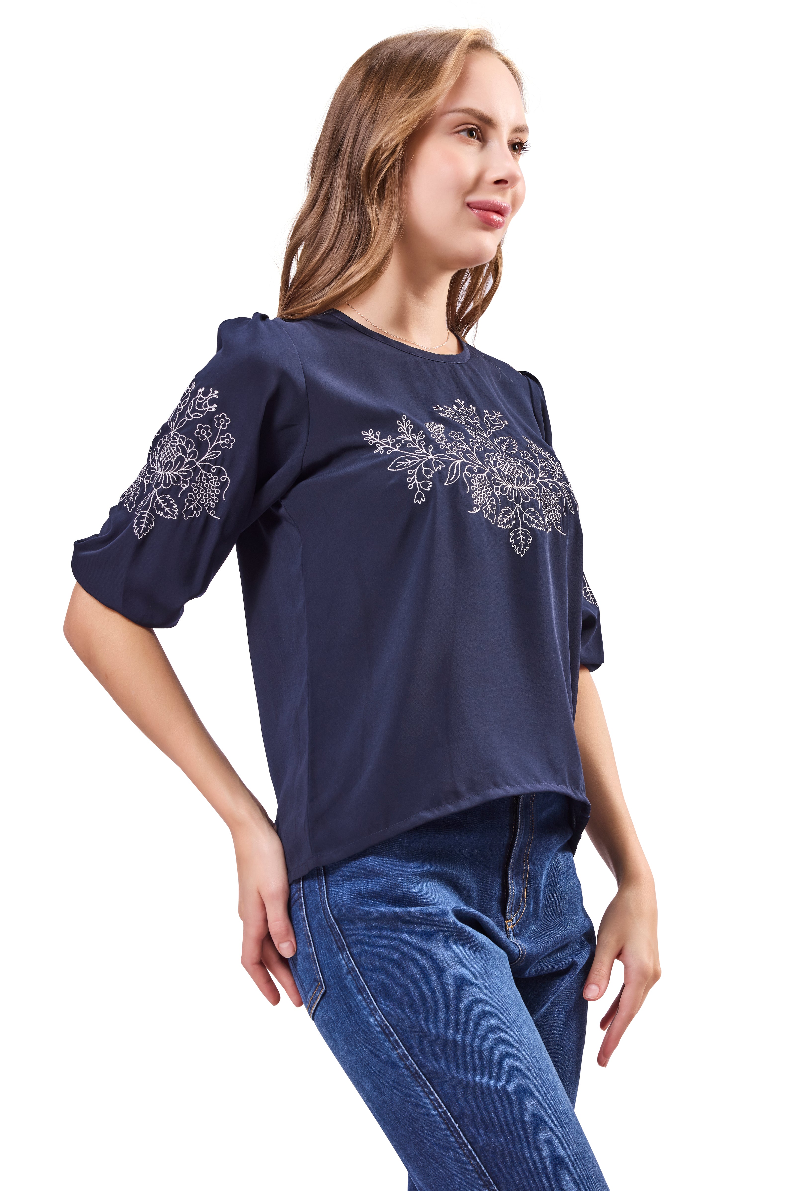 Embroidered Round Neck Top