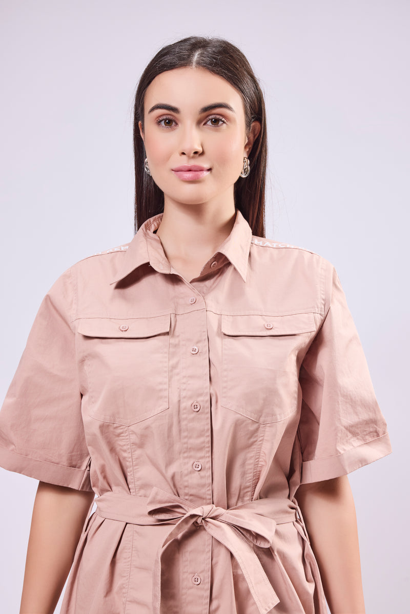 Rollup Sleeve Shirt Dress With Belt