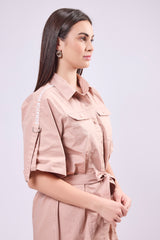Rollup Sleeve Shirt Dress With Belt