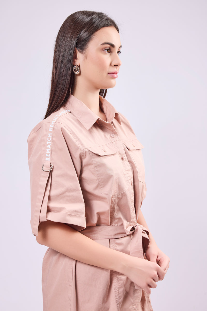 Rollup Sleeve Shirt Dress With Belt