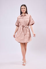 Rollup Sleeve Shirt Dress With Belt