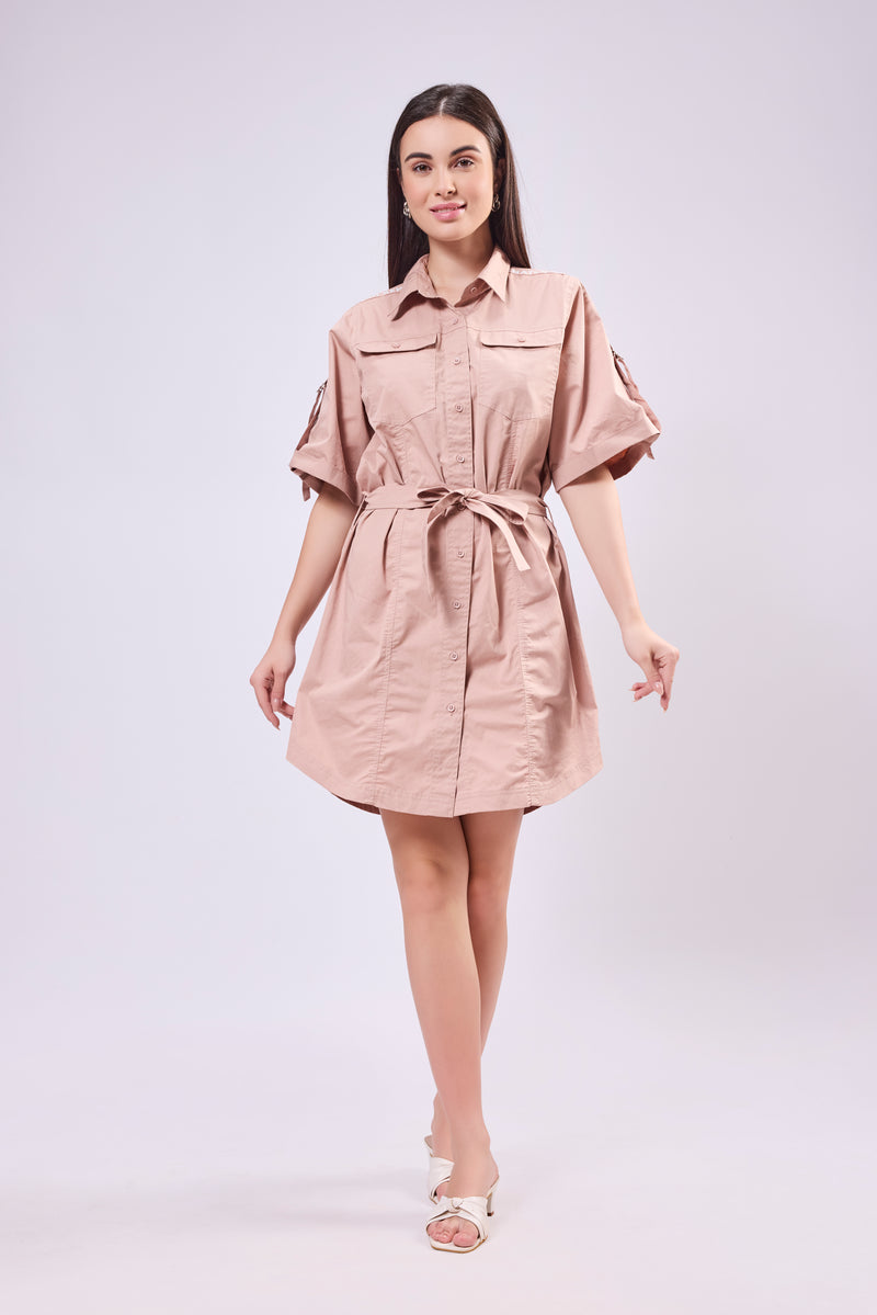 Rollup Sleeve Shirt Dress With Belt