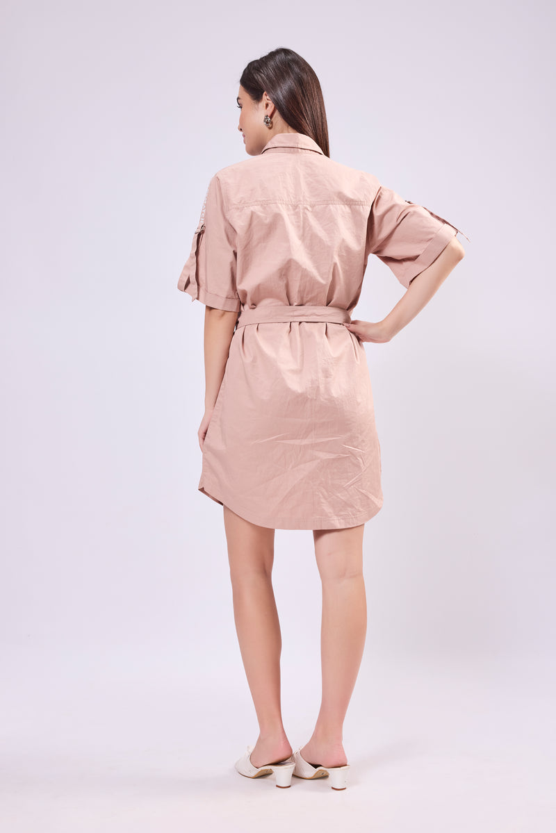 Rollup Sleeve Shirt Dress With Belt