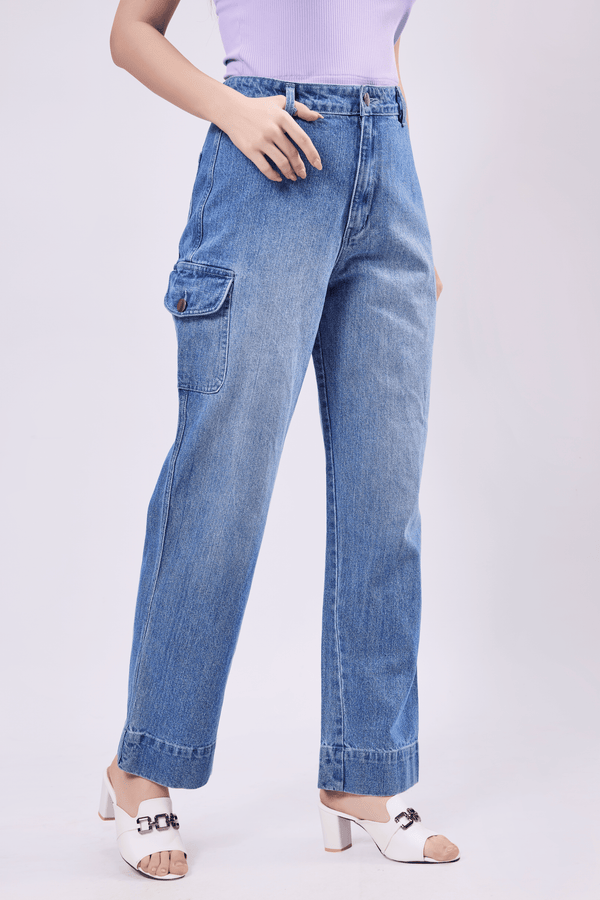 High Waisted Cargo Pocket Denim Jeans