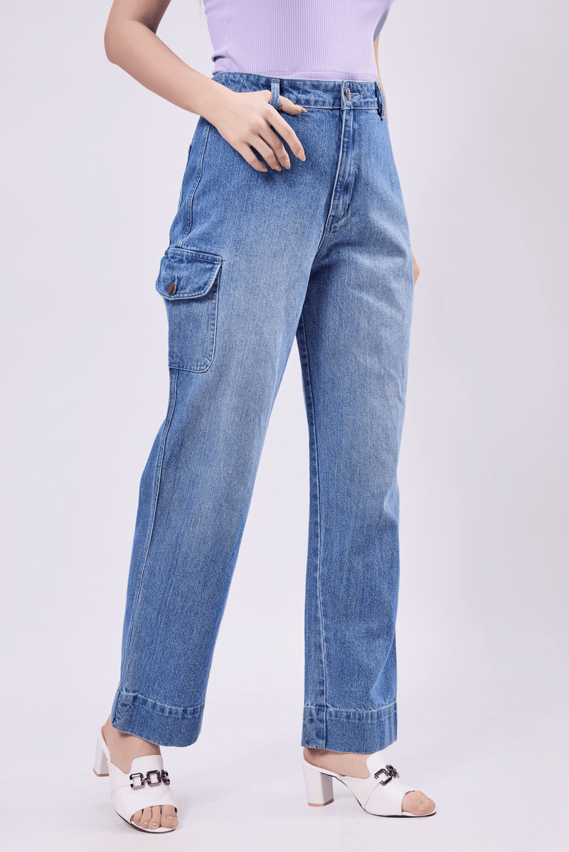 High Waisted Cargo Pocket Denim Jeans