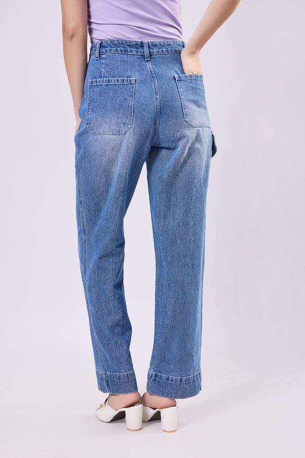 High Waisted Cargo Pocket Denim Jeans