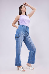 High Waisted Cargo Pocket Denim Jeans