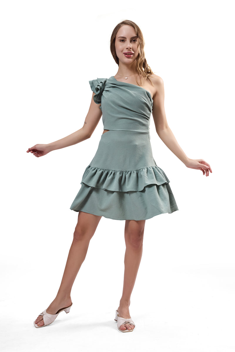 One Shoulder Cut Out Ruffle Dress