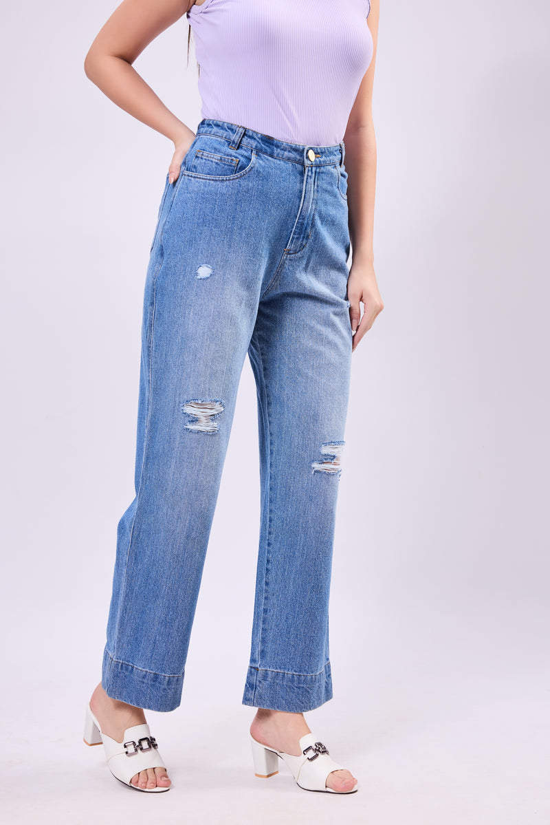 High Waisted Distress Denim Jeans