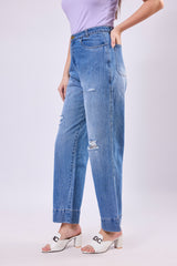 High Waisted Distress Denim Jeans