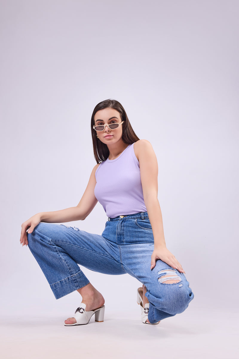 High Waisted Distress Denim Jeans