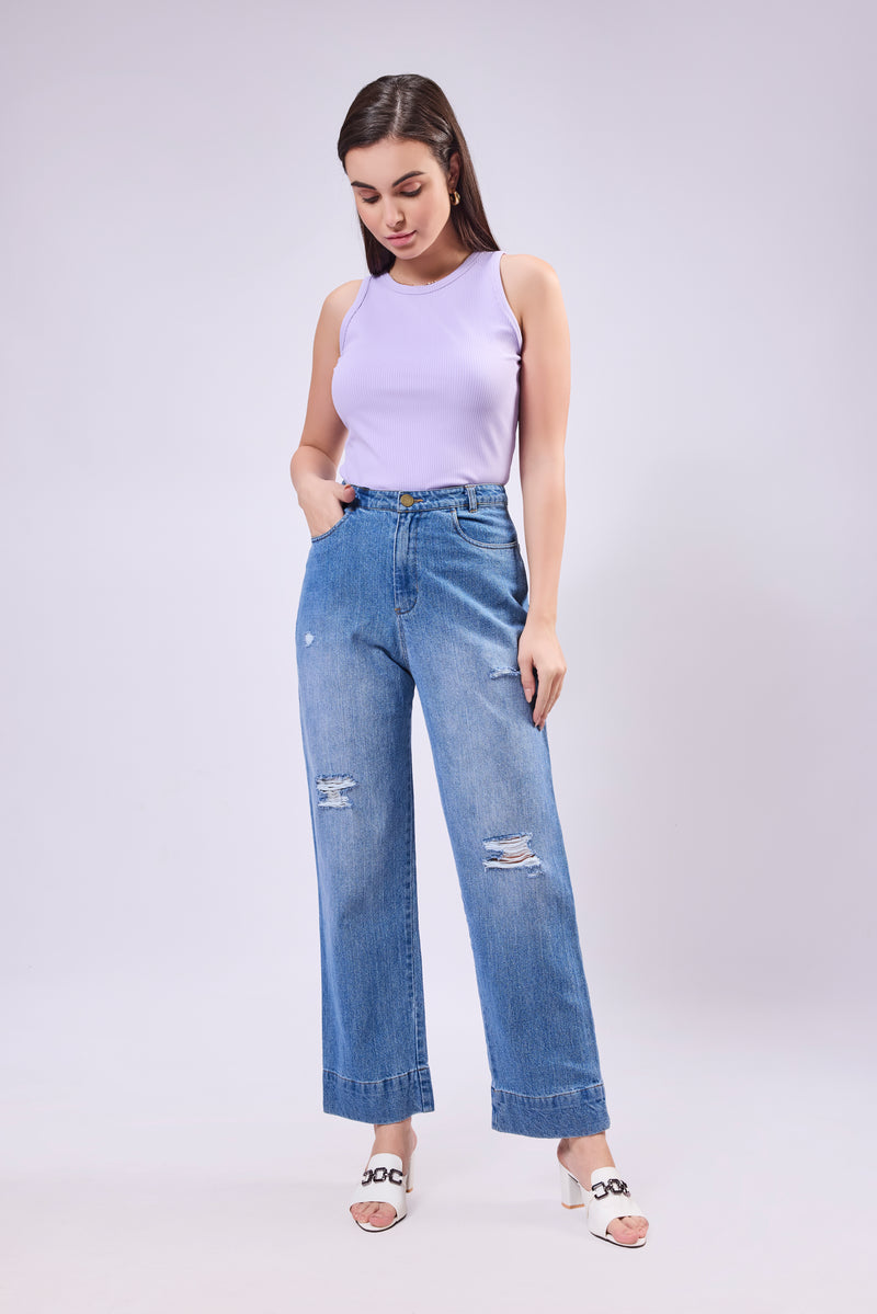 High Waisted Distress Denim Jeans