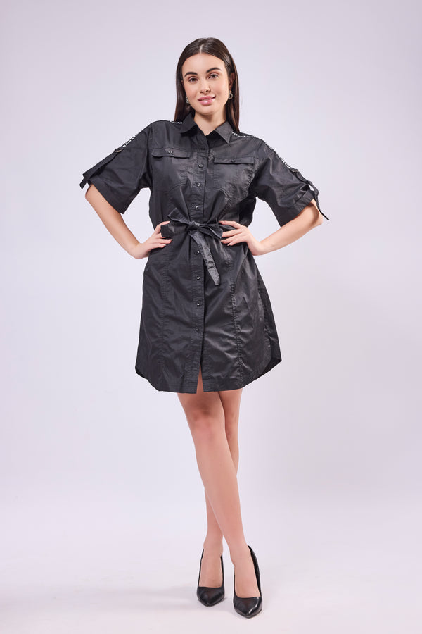 Rollup Sleeve Shirt Dress With Belt