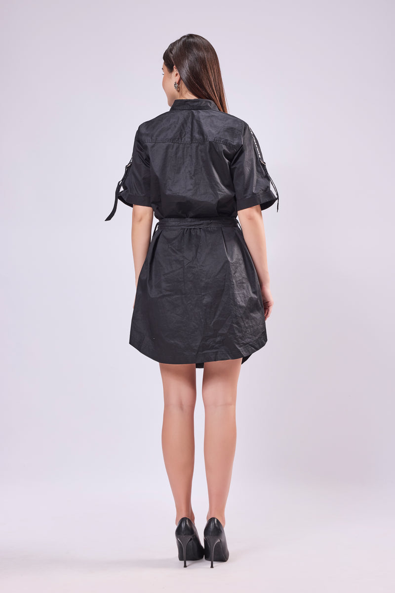 Rollup Sleeve Shirt Dress With Belt