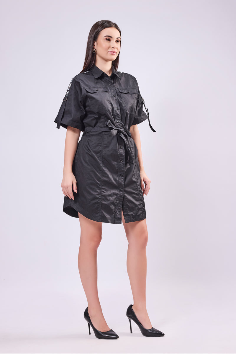 Rollup Sleeve Shirt Dress With Belt