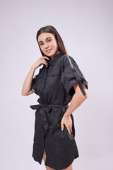 Rollup Sleeve Shirt Dress With Belt