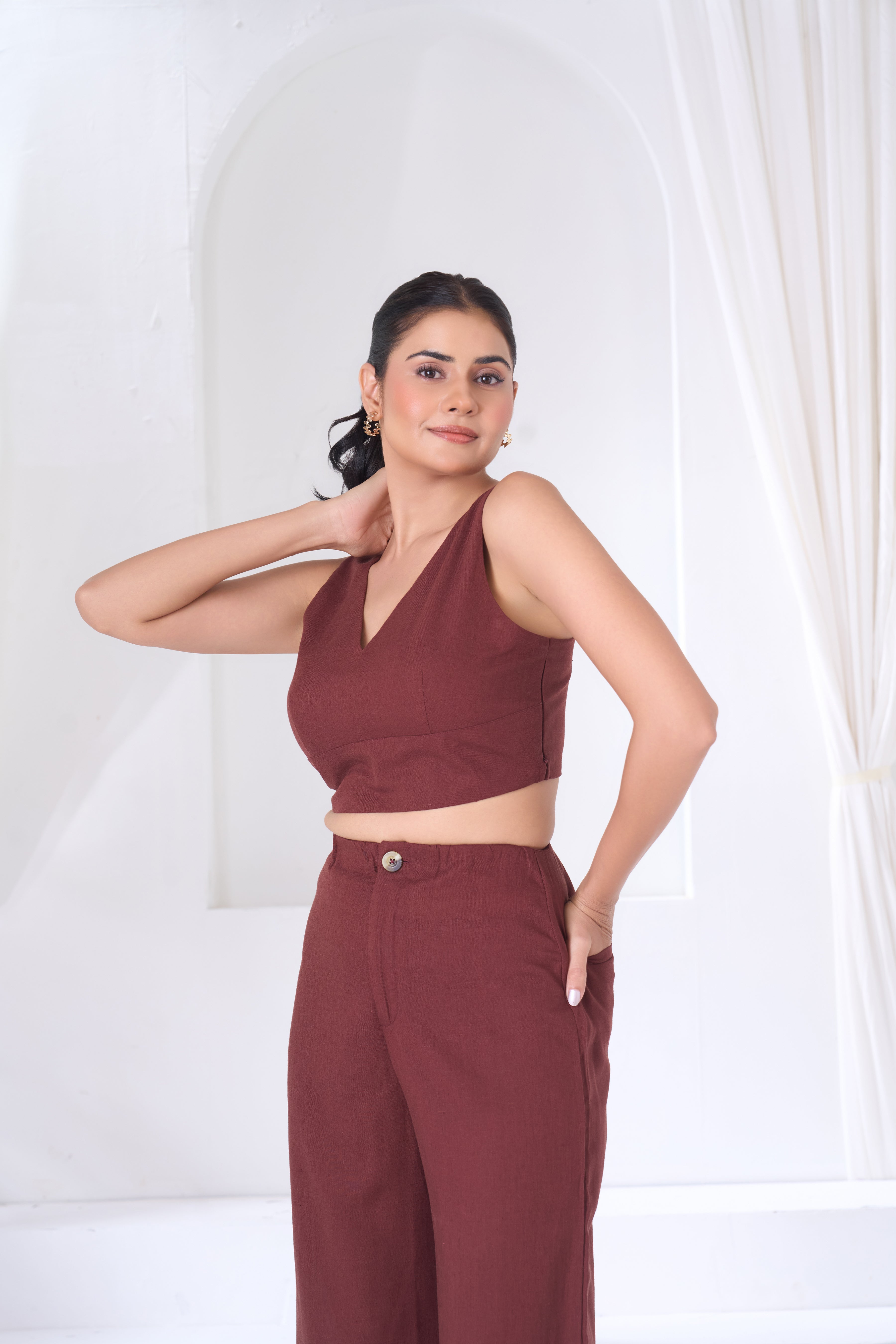 V-Neck Smocked Back Crop Top